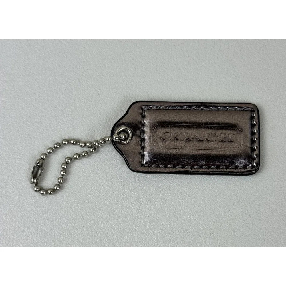 Coach Hang Tag Dark‎ Brown Leather Stitched Silver Ball Chain Replacement Tag